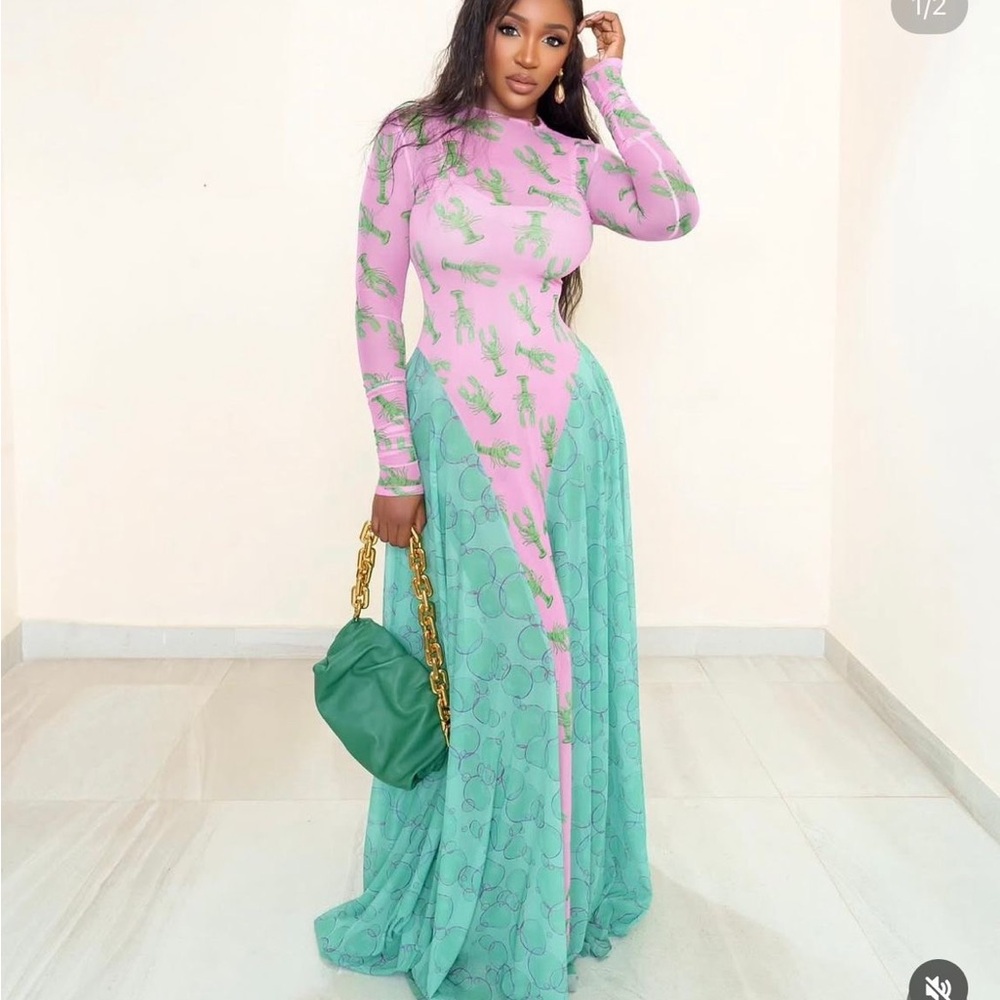 Pink and Green Long Sleeve Maxi Dress